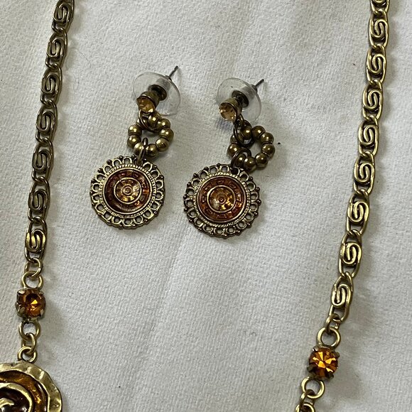 Art Deco-styled Brown/Gold Tone Fashion Costume Necklace & Earring Set - Picture 5 of 9